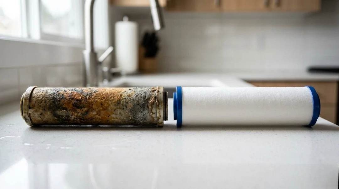 A dramatic side-by-side comparison of a clean white sediment water filter next to a heavily clogged, orange and brown used filter, highlighting the result of neglecting regular household maintenance.