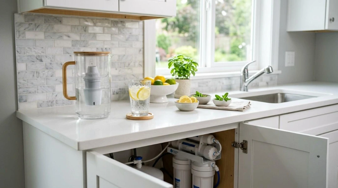 An open cabinet under a kitchen sink showing a reverse osmosis water filtration system with four filter canisters and a storage tank. A glass of water with lemons and a filter pitcher sit on the counter above, illustrating effective water purification.
