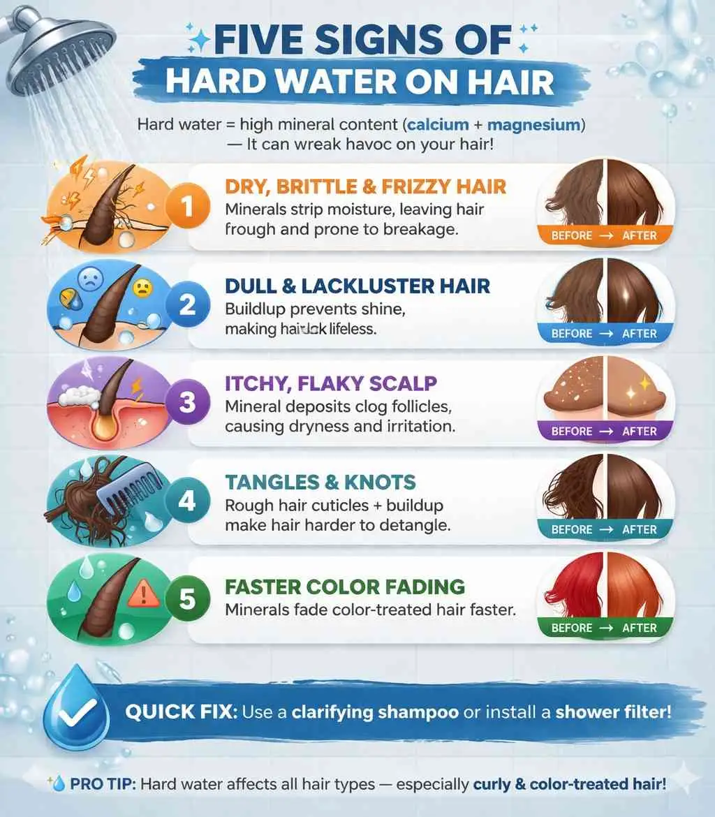 five signs of hard water on hair including dryness dullness itchy scalp tangles and color fading