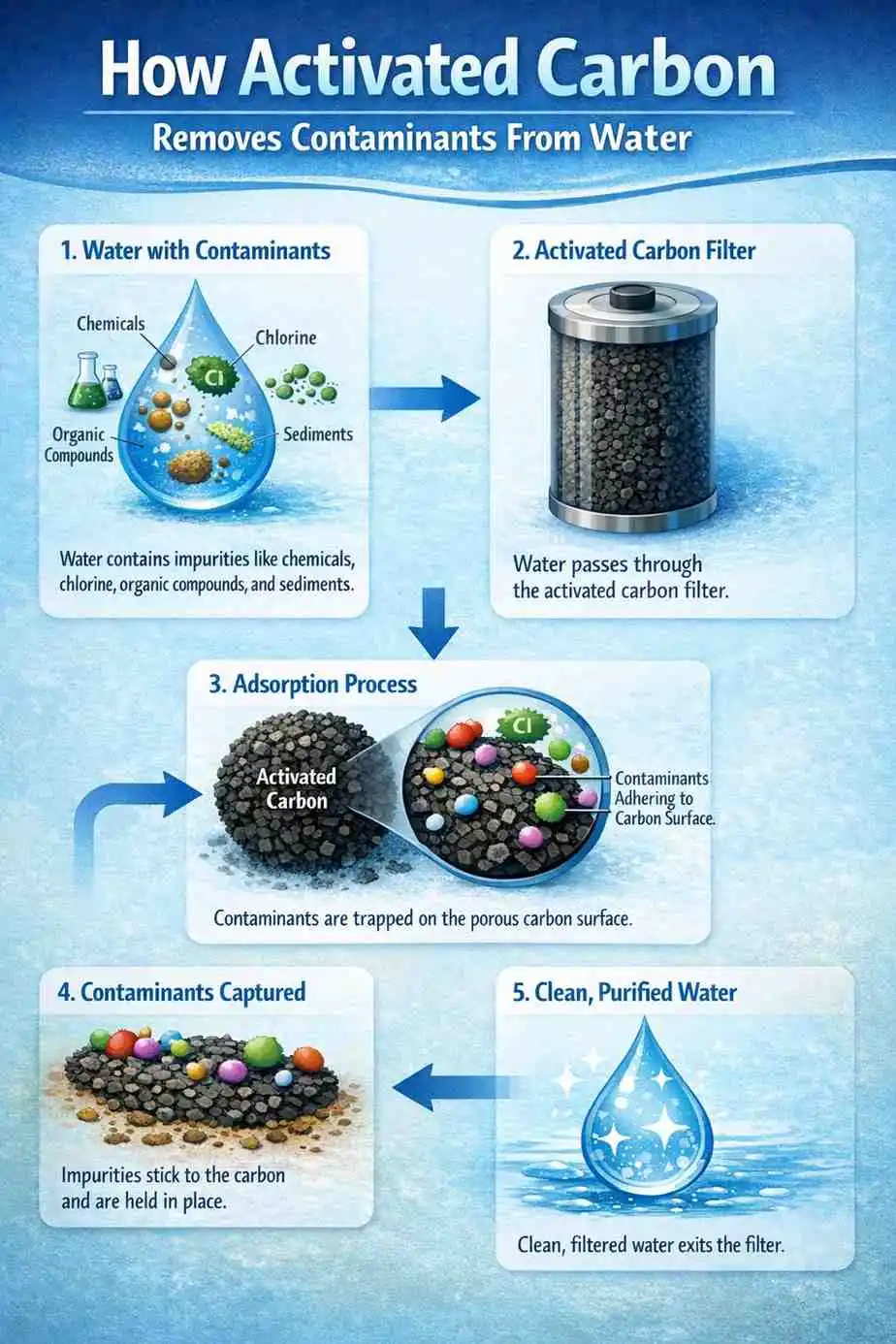 Infographic showing the 5-step adsorption process of water purification using an activated carbon filter to remove chlorine, chemicals, and organic compounds.