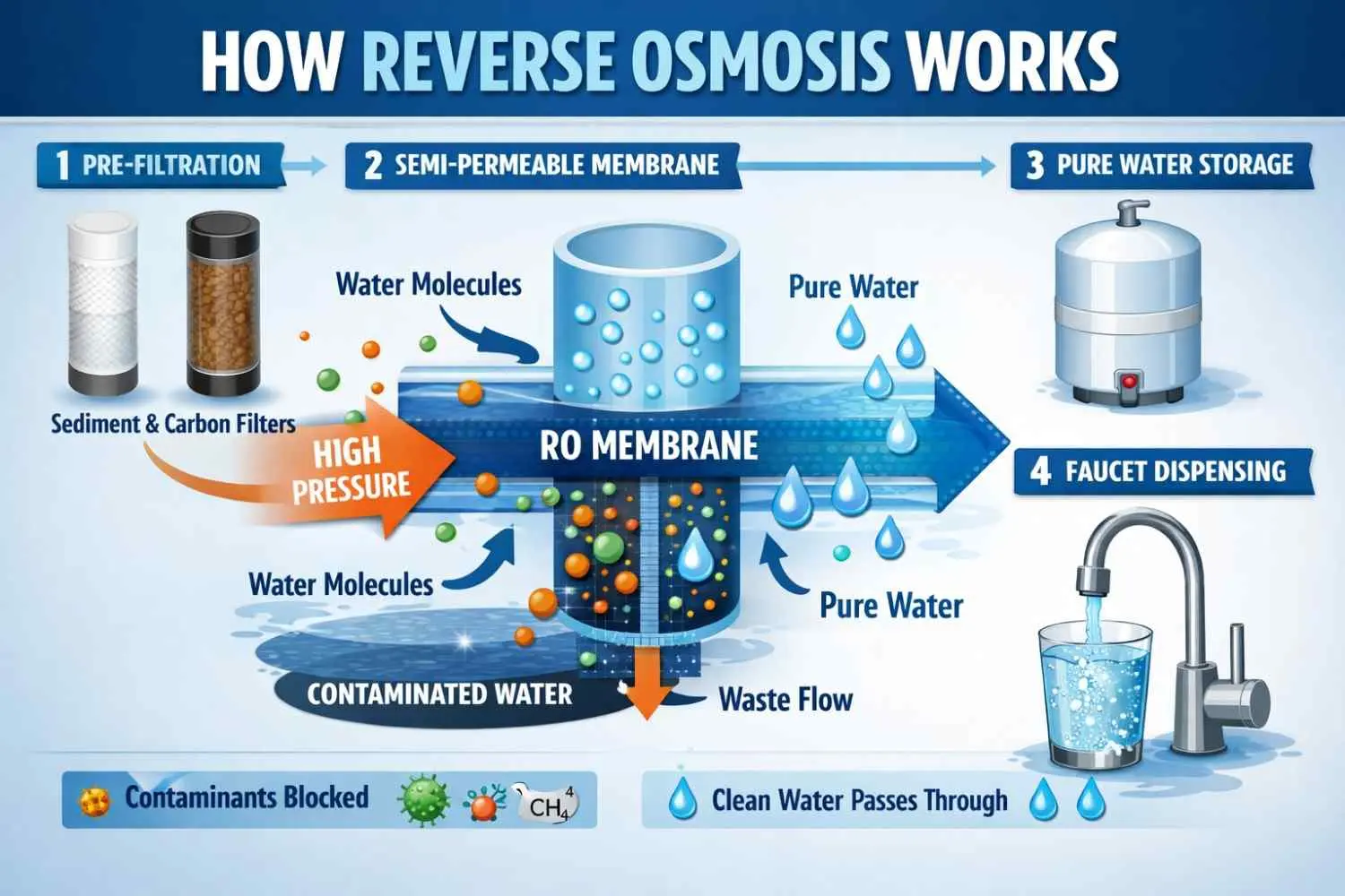 how reverse osmosis works step by step filtration process membrane removes contaminants