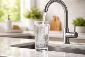 A clear glass being filled with fresh water from a modern kitchen faucet, illustrating how to make tap water taste better.