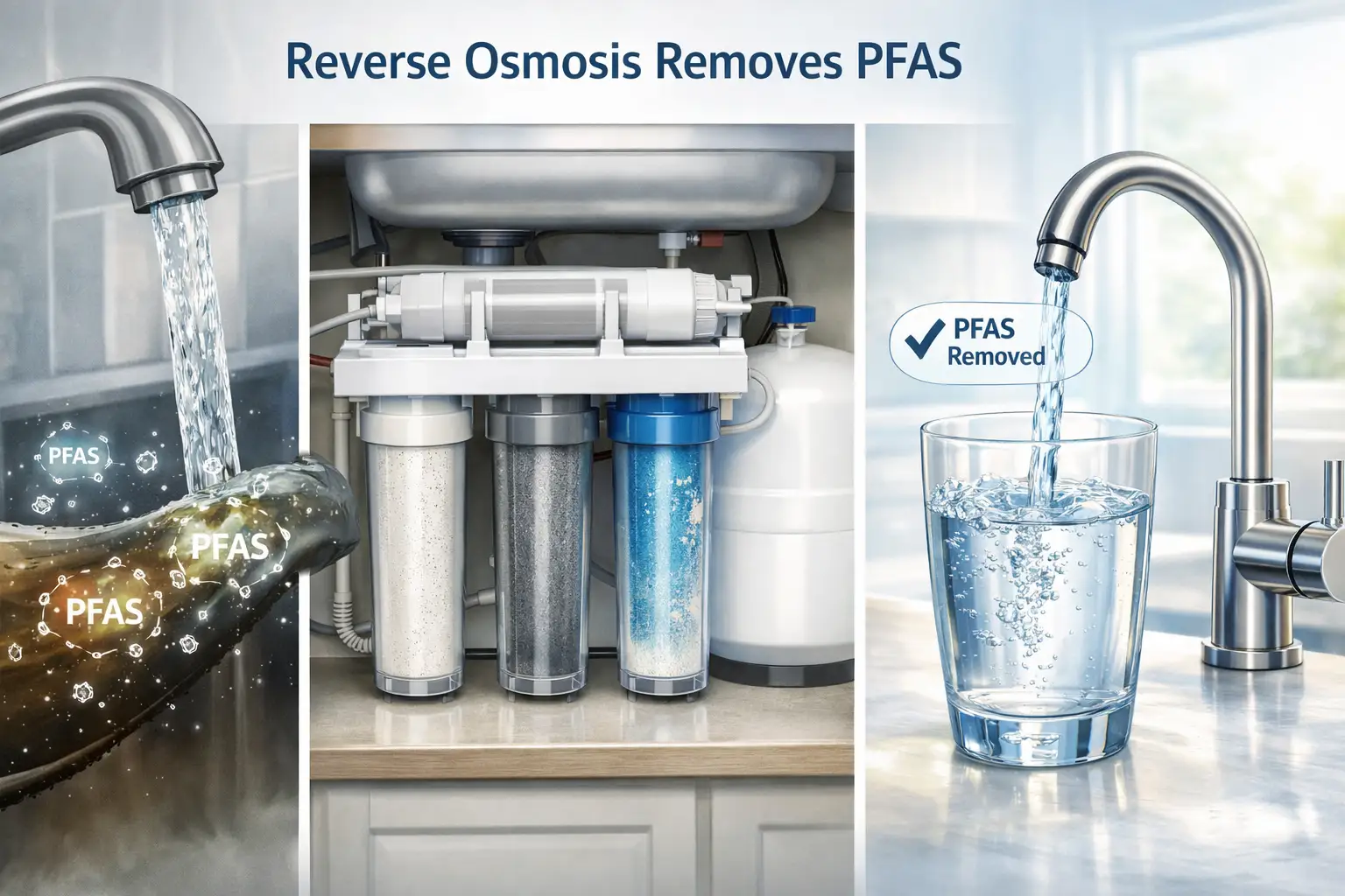 A three-panel infographic showing contaminated tap water entering an under-sink reverse osmosis system and emerging as clean, PFAS-free water in a glass.