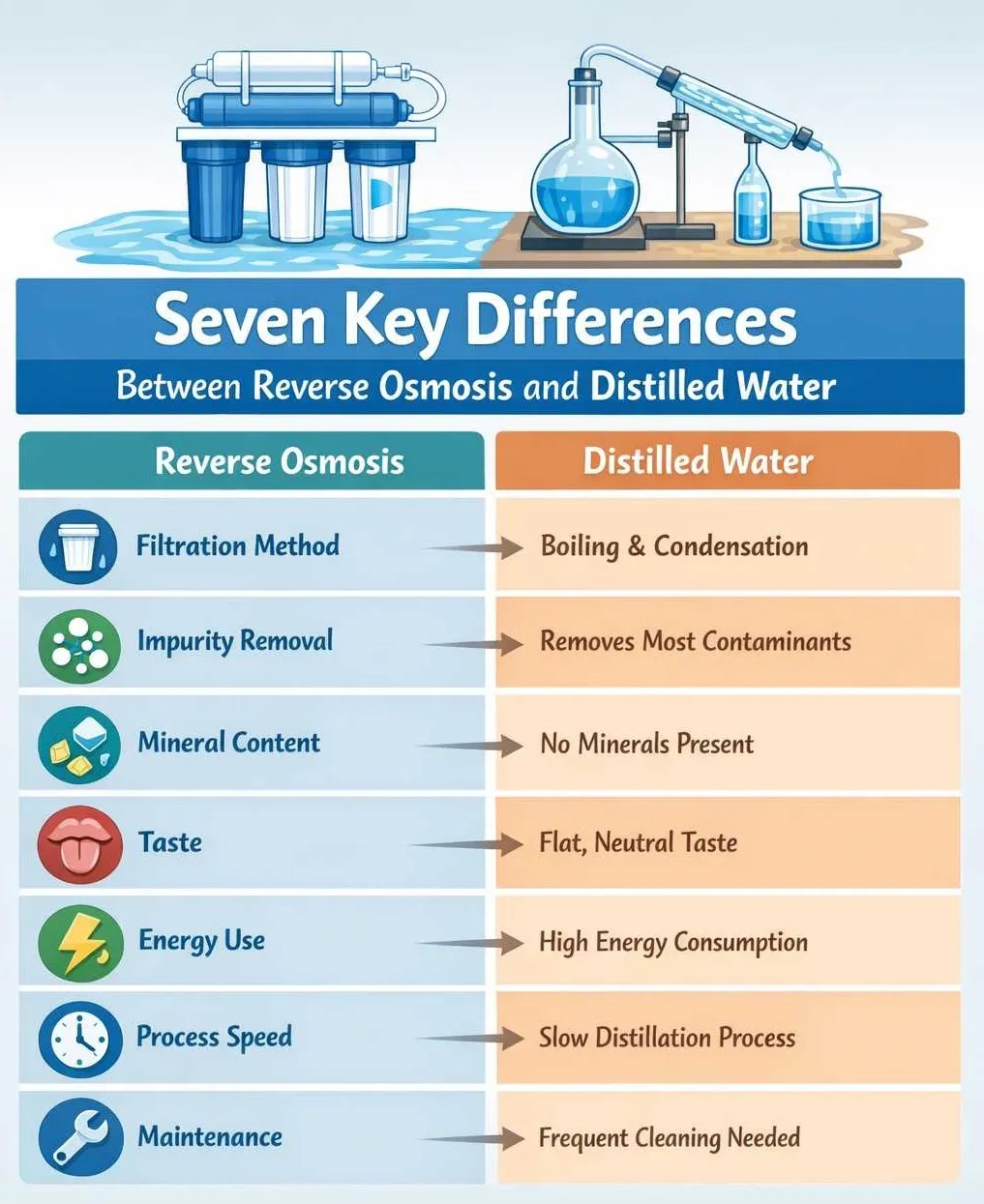 An infographic titled "Seven Key Differences Between Reverse Osmosis and Distilled Water" showing a comparison table of filtration methods, mineral content, energy use, and maintenance.