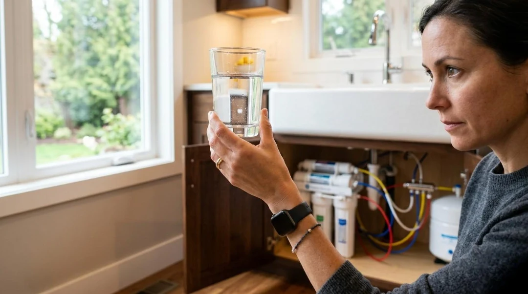 A woman in a kitchen holding up a clear glass of water to the light, with an under-sink reverse osmosis water filtration system visible in the background.