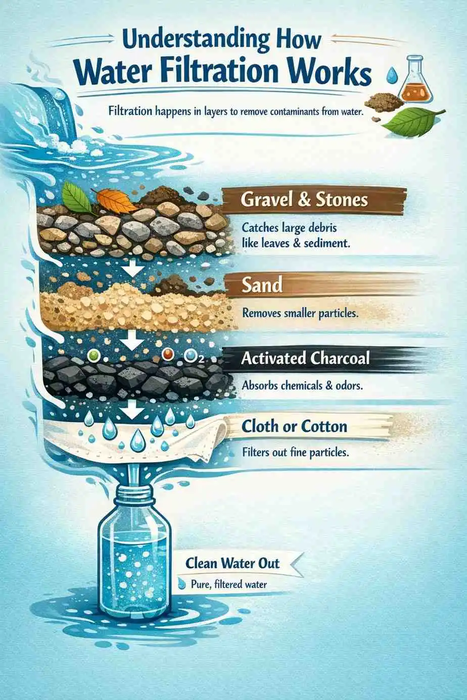 Understanding how water filtration works with layered system using gravel, sand, activated charcoal, and cloth to purify water