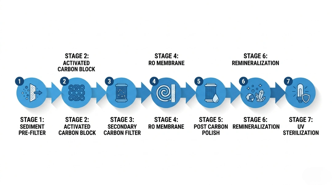 An infographic illustrating the 7 stages of water purification: sediment pre-filter, activated carbon block, secondary carbon filter, RO membrane, post-carbon polish, remineralization, and UV sterilization.