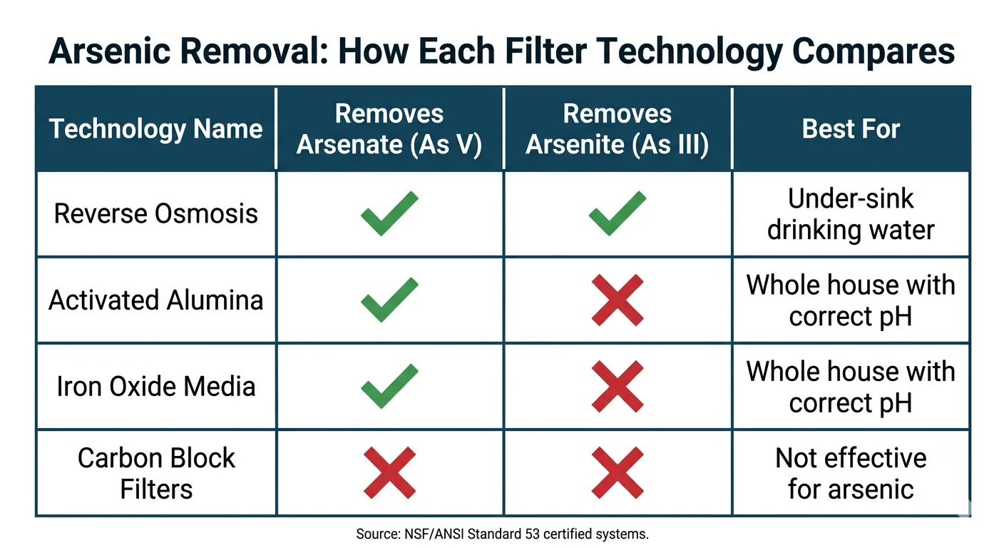 A comparison table showing arsenic removal effectiveness for different technologies. Reverse Osmosis removes both Arsenate (As V) and Arsenite (As III). Activated Alumina and Iron Oxide remove only Arsenate (As V).