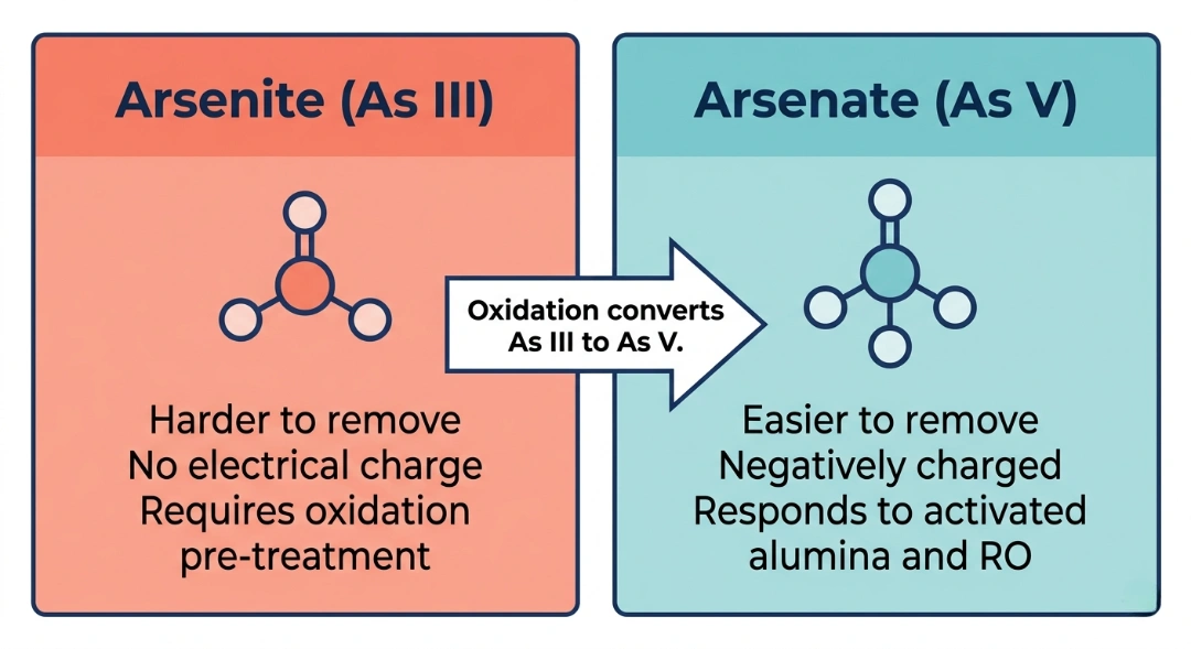 diagram showing the oxidation process of arsenite as iii to arsenate as v for easier removal in water filtration systems