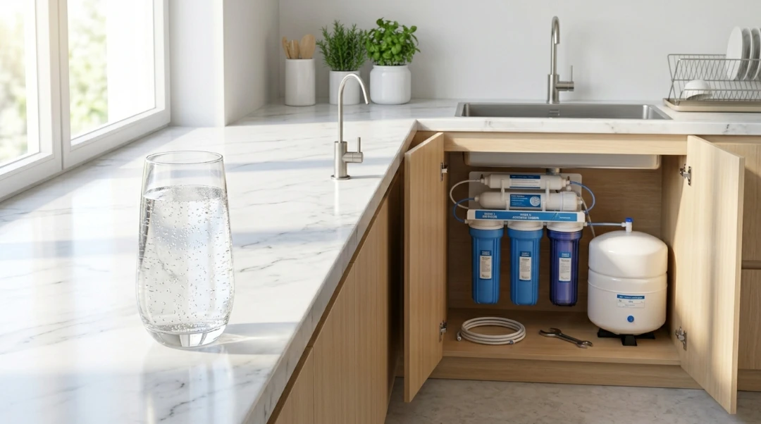 A multi-stage reverse osmosis water filtration system installed under a kitchen sink next to a pressurized storage tank and a glass of clear water.