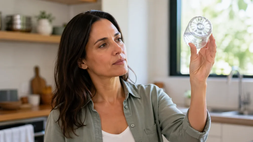 Can water expire concept woman checking bottled water expiration date in kitchen
