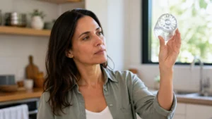 Can water expire concept woman checking bottled water expiration date in kitchen