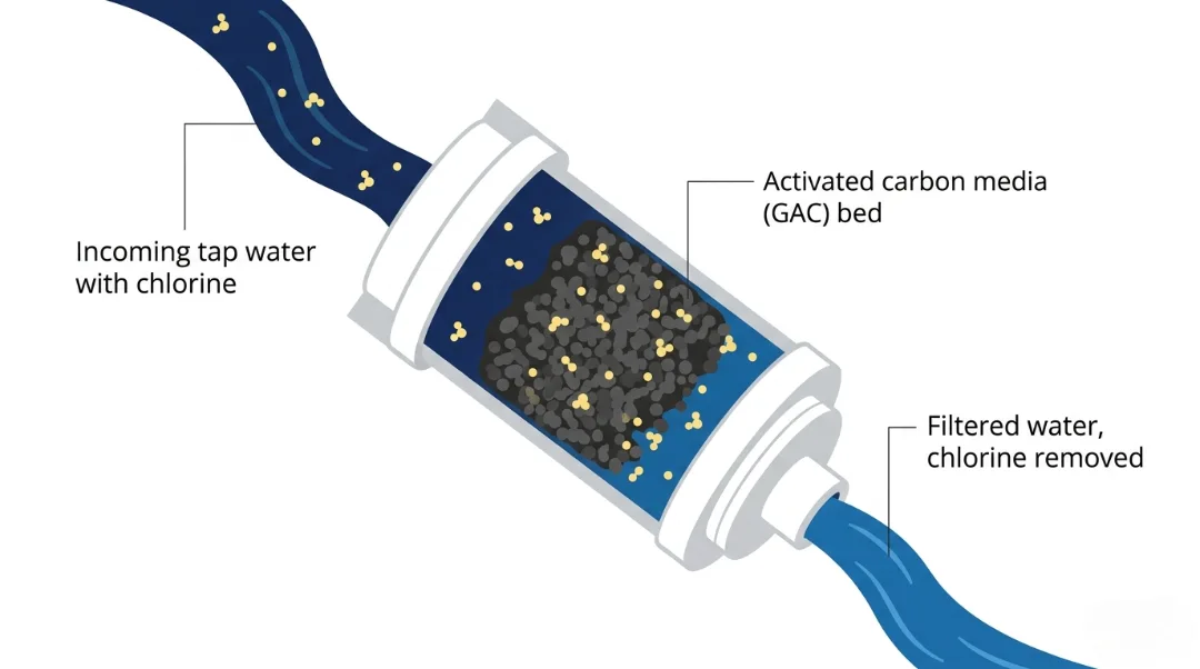 A cross-section diagram showing tap water with chlorine particles entering a Granular Activated Carbon (GAC) filter and emerging as clean, filtered water.