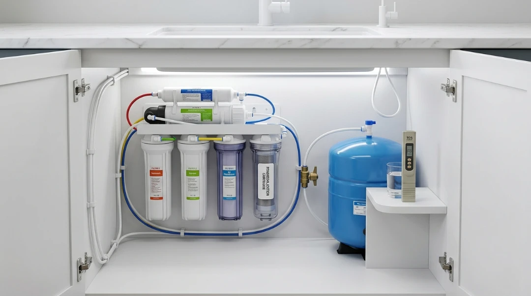 An under-sink 6-stage reverse osmosis water filtration system with a blue pressurized storage tank and a digital TDS meter for water quality testing.