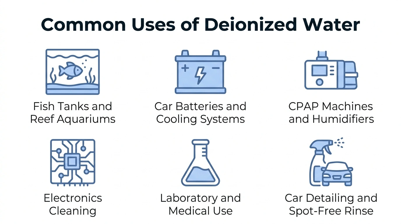 Icon grid showing six common uses of deionized water including aquariums, car batteries, CPAP machines, electronics, laboratories, and car detailing