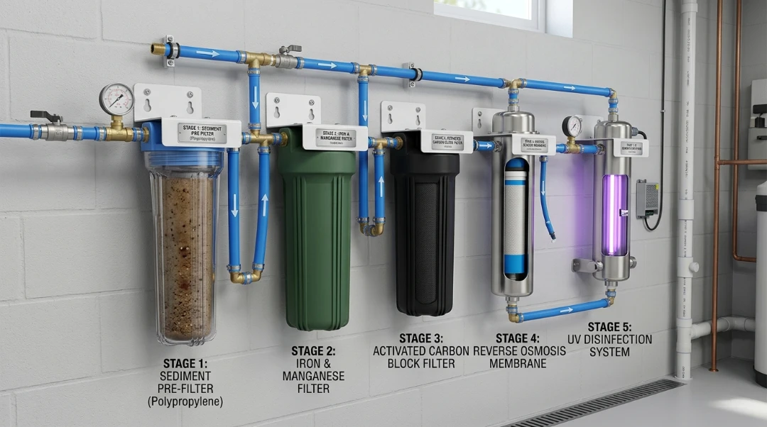 A detailed diagram of a custom 5-stage water filtration system featuring a sediment pre-filter, iron and manganese filter, carbon block, reverse osmosis membrane, and uv disinfection system.