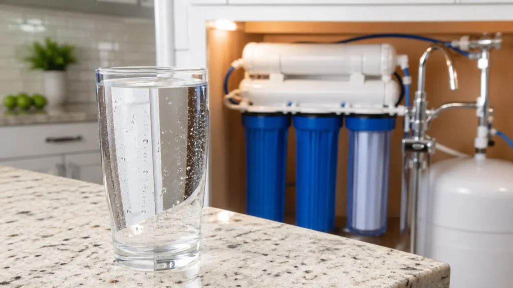A multi-stage custom water treatment system installed under a kitchen sink with a glass of purified water on a granite countertop.