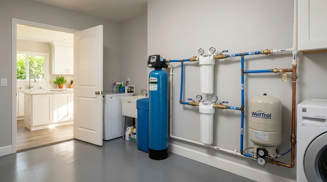 A photorealistic laundry room featuring a custom whole house water treatment system with a blue media tank, dual sediment filters, and a pressure tank connected to professional blue pex piping.