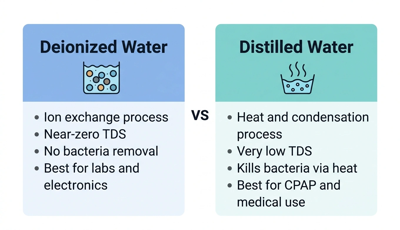 A side-by-side comparison infographic between Deionized Water and Distilled Water. It lists key characteristics of each, including process, TDS levels, bacteria removal, and best uses.