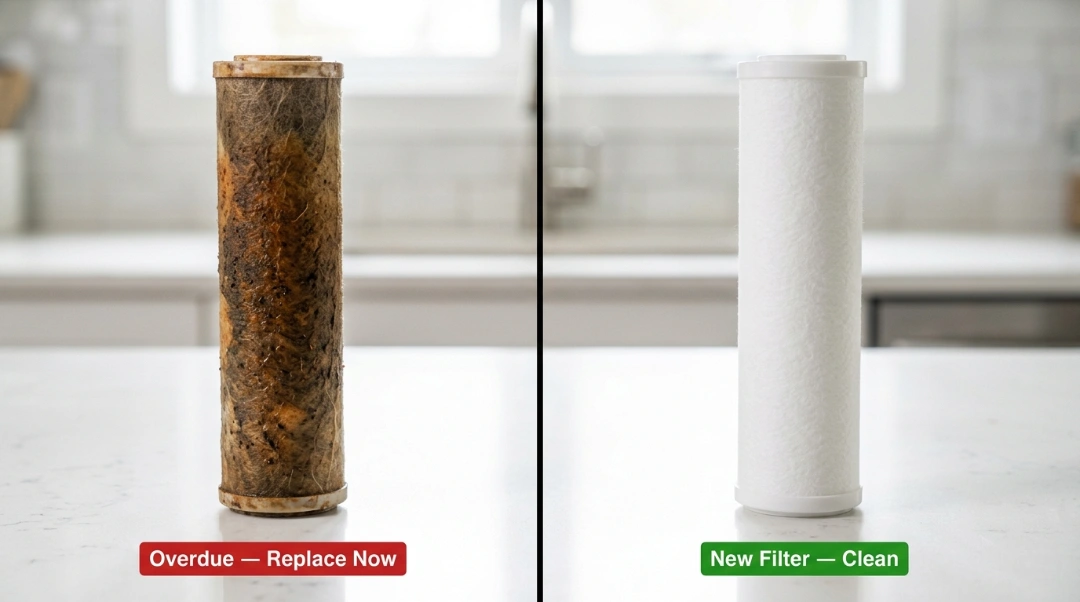 Side-by-side comparison of a heavily clogged, brown sediment water filter labeled Overdue and a bright white brand new filter cartridge.