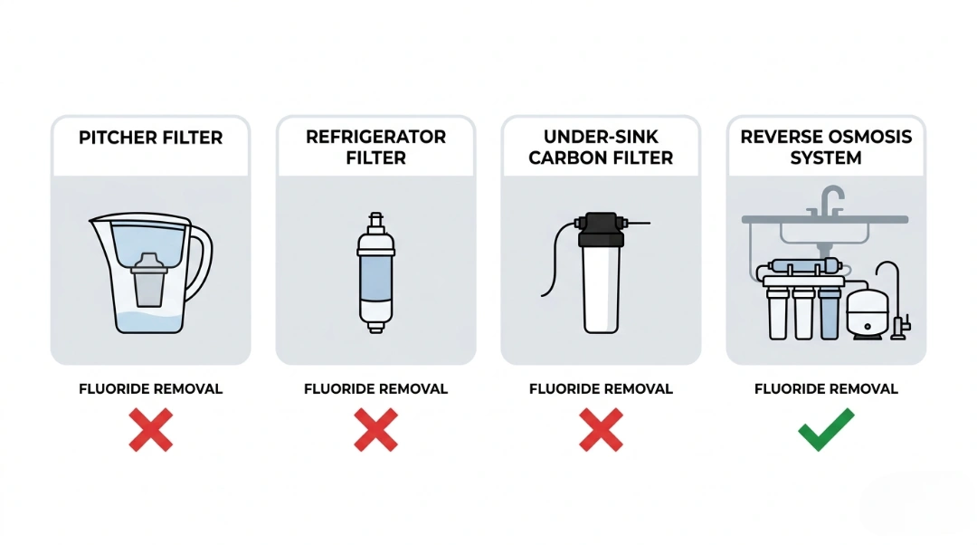 comparison chart showing do water filters remove fluoride across pitcher, refrigerator, carbon, and reverse osmosis systems