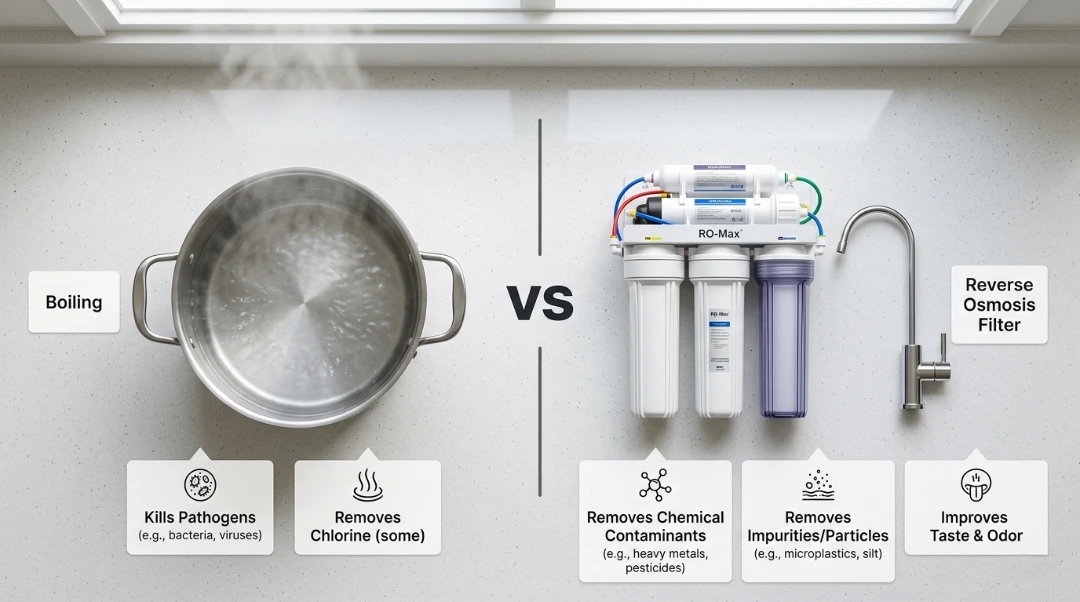 A comparison infographic showing boiling water vs a reverse osmosis system to answer: does boiling tap water purify it the way a filter does?