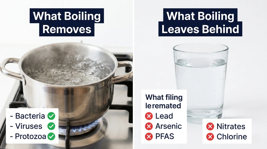 An educational infographic showing that while the answer to "does boiling water kill everything in it" is "yes" for bacteria and viruses, it is "no" for chemicals like lead, arsenic, and PFAS.