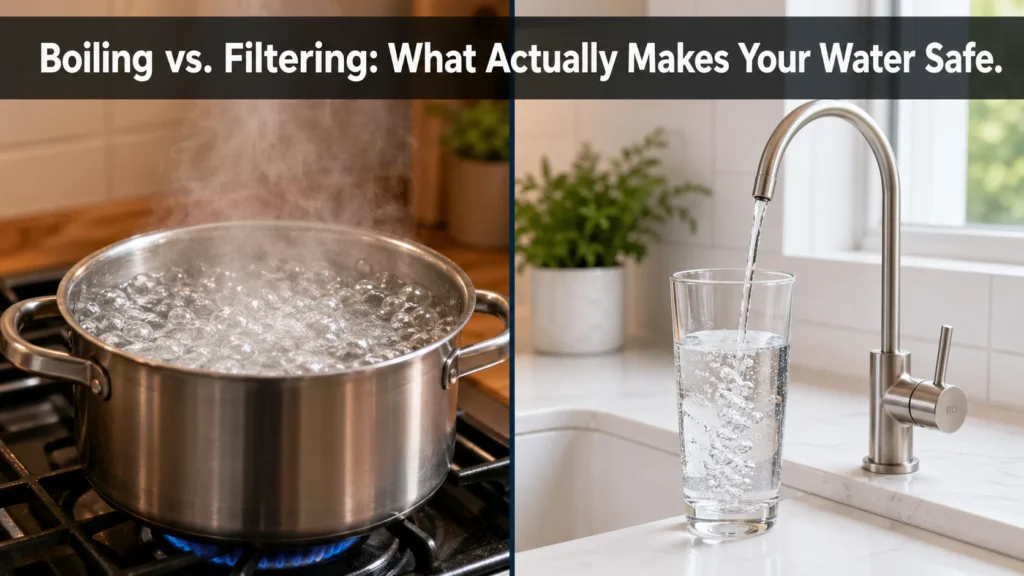 A comparison of a pot on a stove and a filtered water tap to illustrate the question: does boiling water kill everything?