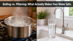 A comparison of a pot on a stove and a filtered water tap to illustrate the question: does boiling water kill everything?