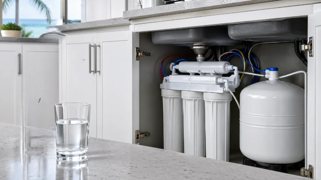 7-stage water filtration system showing how does reverse osmosis remove fluoride from home drinking water