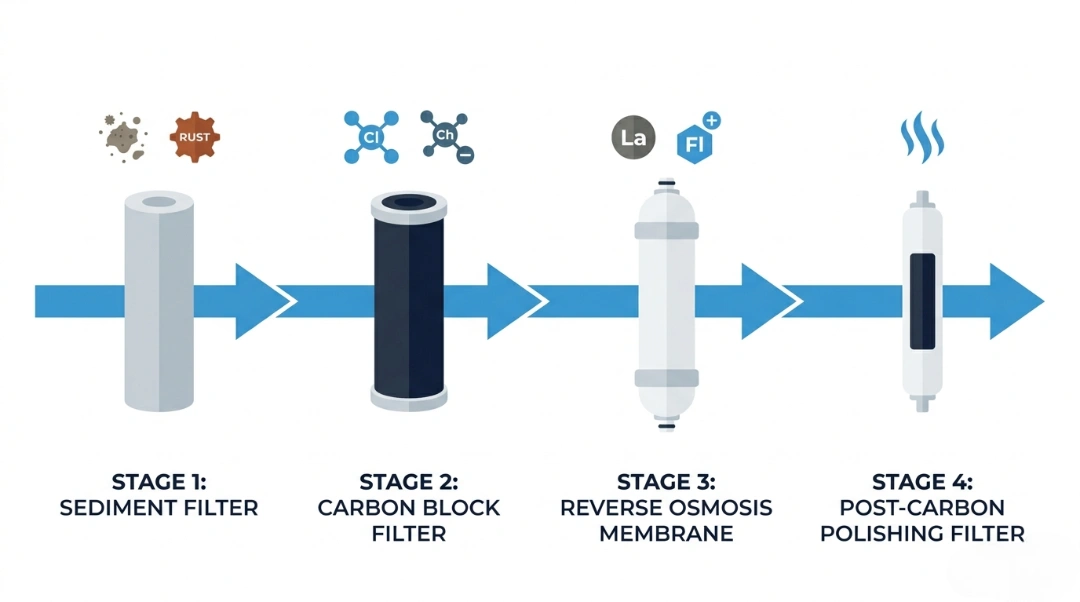 A four-stage water filtration diagram showing sediment, carbon block, reverse osmosis membrane, and post-carbon polishing filter stages with icons for removed contaminants like rust, chlorine, and fluoride.
