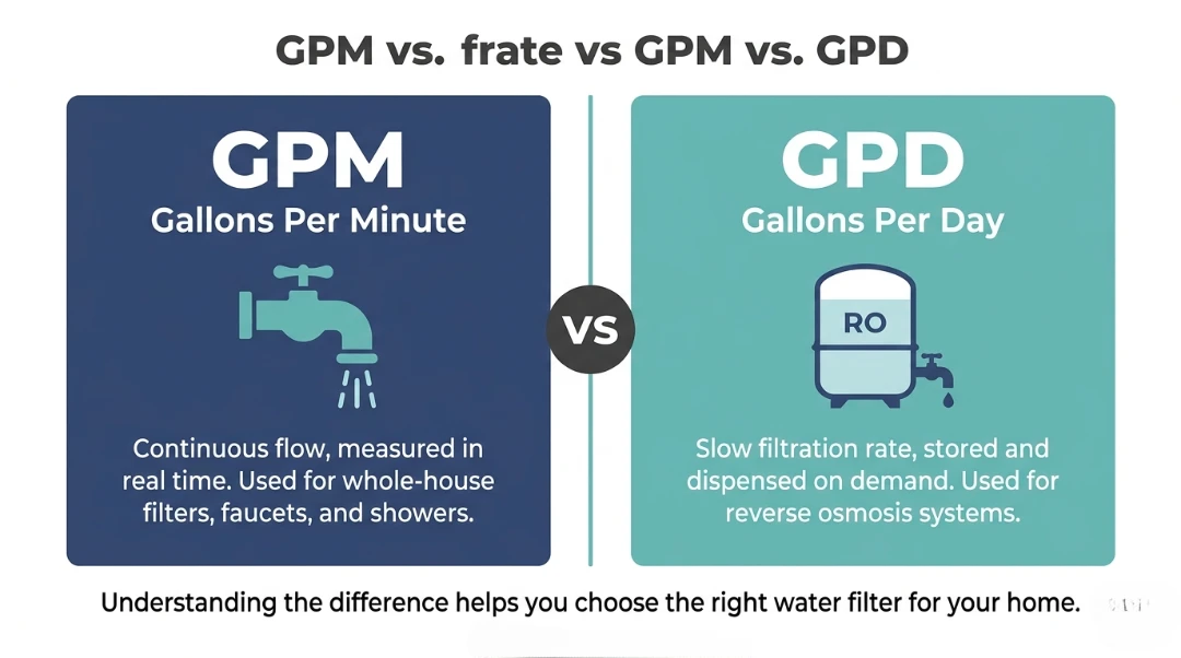 A comparison graphic between GPM and GPD. GPM (Gallons Per Minute) is for real-time continuous flow in faucets and showers. GPD (Gallons Per Day) is for slow filtration rates and on-demand storage, typically used for Reverse Osmosis (RO) systems.