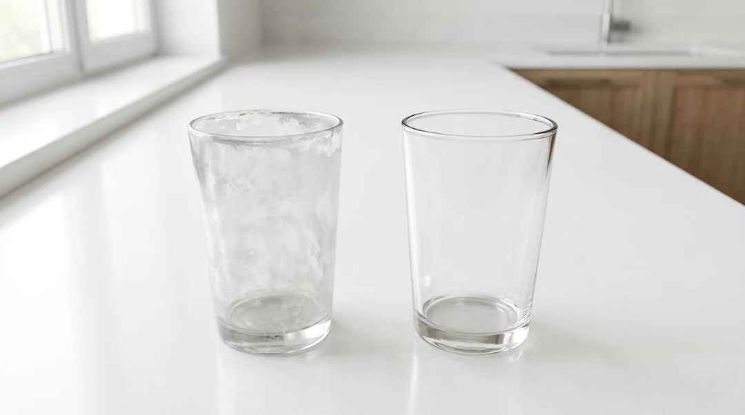 Side-by-side comparison of two drinking glasses on a white counter: one cloudy with white hard water mineral spots and one crystal clear from soft water.