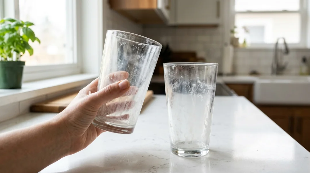 A hand holding up a clear drinking glass to natural light, revealing cloudy white mineral spots and a hazy film from hard water residue, with a second spotted glass on a white countertop.