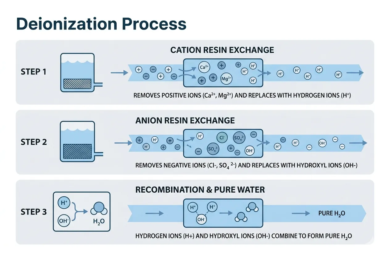 A three-step infographic showing the deionization process: Step 1 cation resin exchange, Step 2 anion resin exchange, and Step 3 recombination into pure H2O.