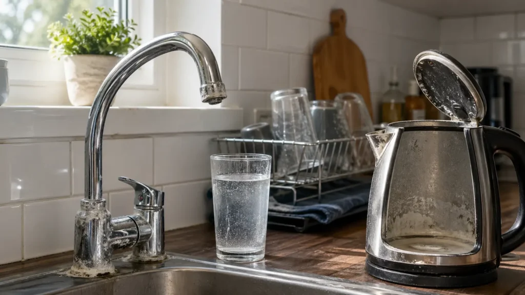 How do you know if you have hard water? Limescale buildup on faucet and cloudy drinking glass in kitchen