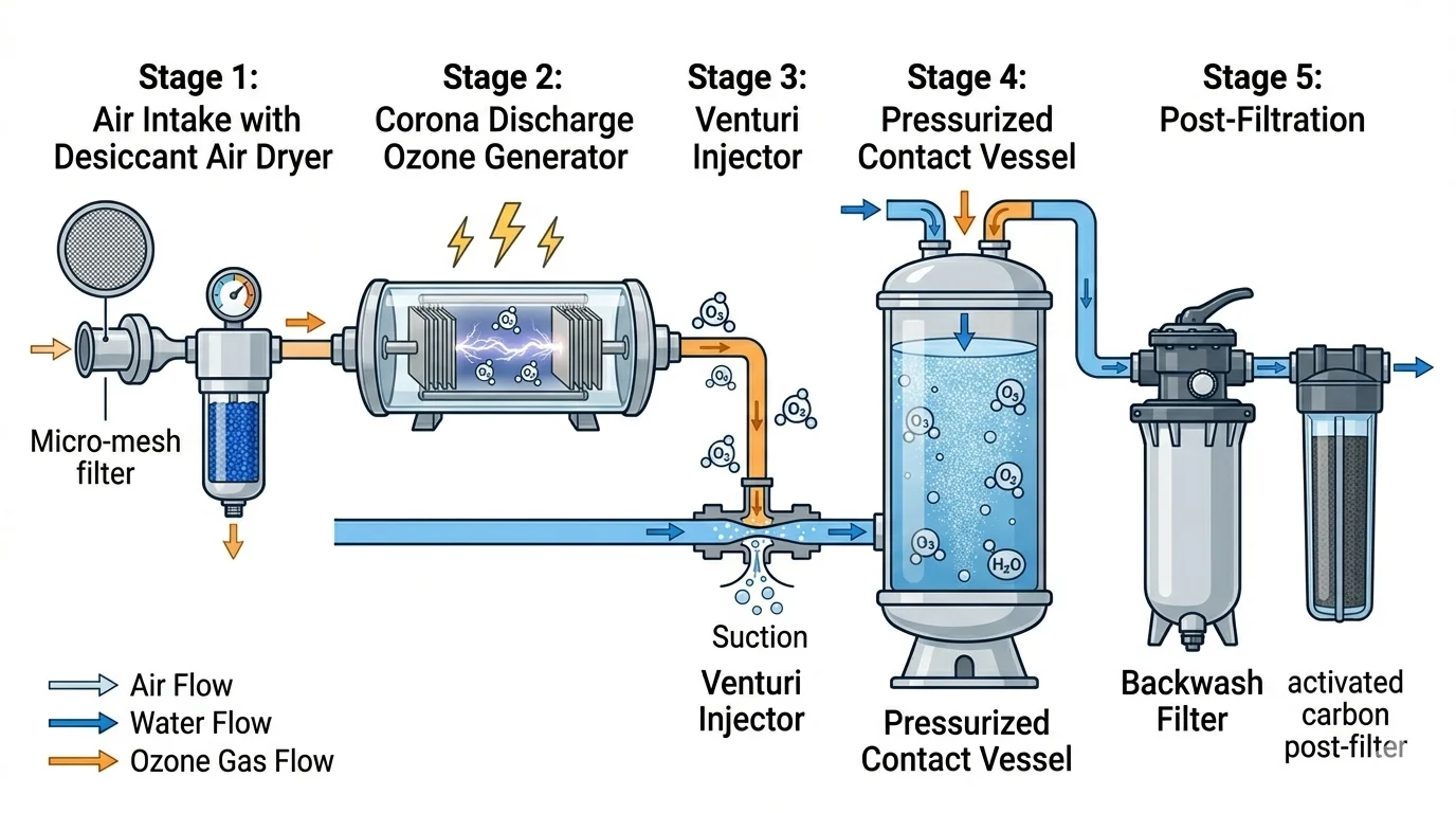 A technical 5-stage infographic of a home ozone water treatment system showing the air intake, corona discharge ozone generator, venturi injector, pressurized contact vessel, and post-filtration stages connected by color-coded pipes.