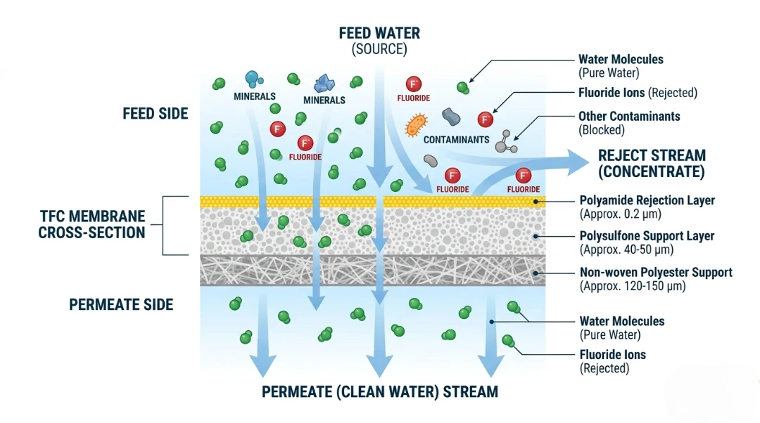 Technical diagram showing how reverse osmosis actually removes fluoride using a tfc membrane cross-section