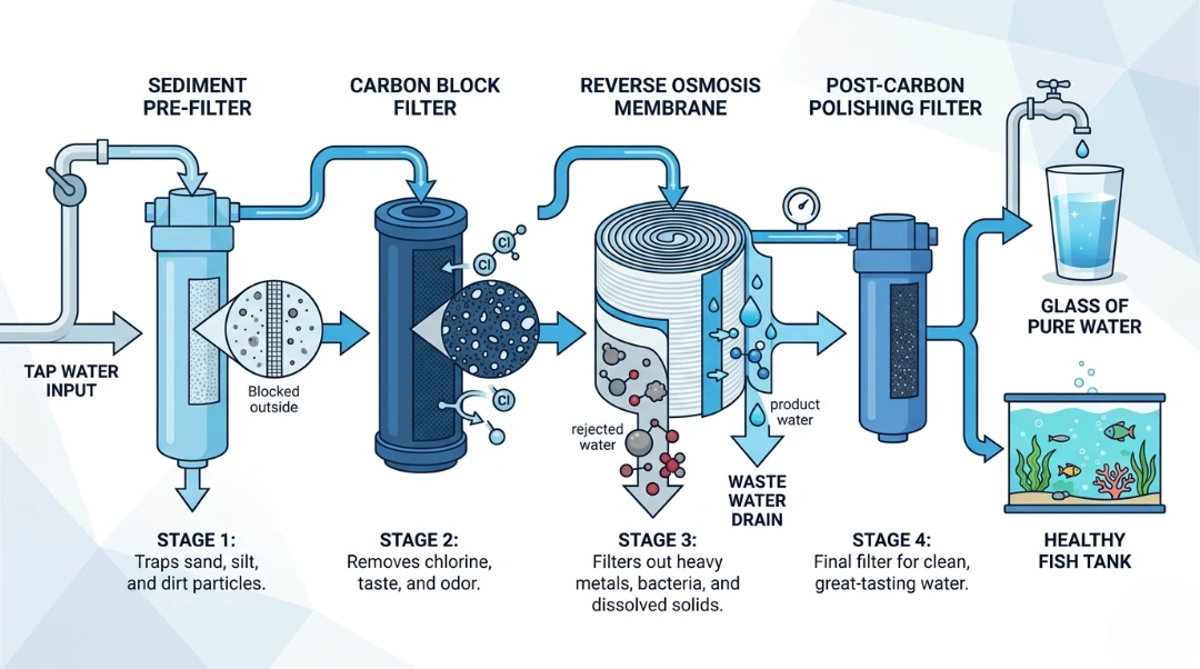 An infographic diagram showing the four stages of a reverse osmosis system: Stage 1 Sediment Pre-filter, Stage 2 Carbon Block Filter, Stage 3 RO Membrane, and Stage 4 Post-Carbon Polishing Filter, leading to a healthy fish tank.
