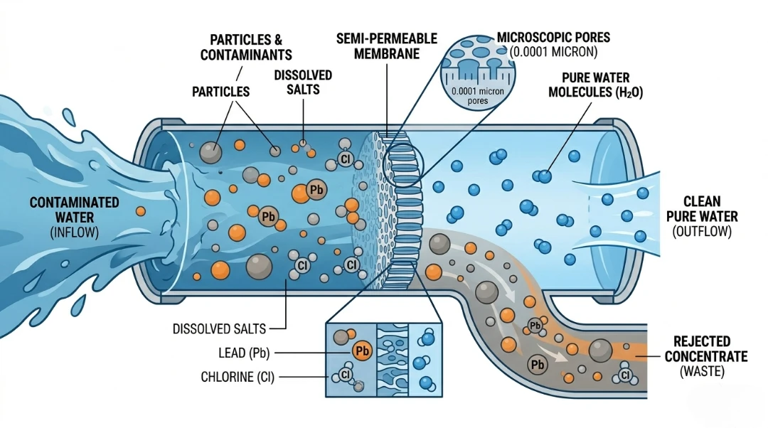 A detailed technical infographic showing contaminated water entering an RO membrane where 0.0001-micron pores block lead, chlorine, and salts, allowing only pure H2O molecules to pass through while directing waste to a reject line.