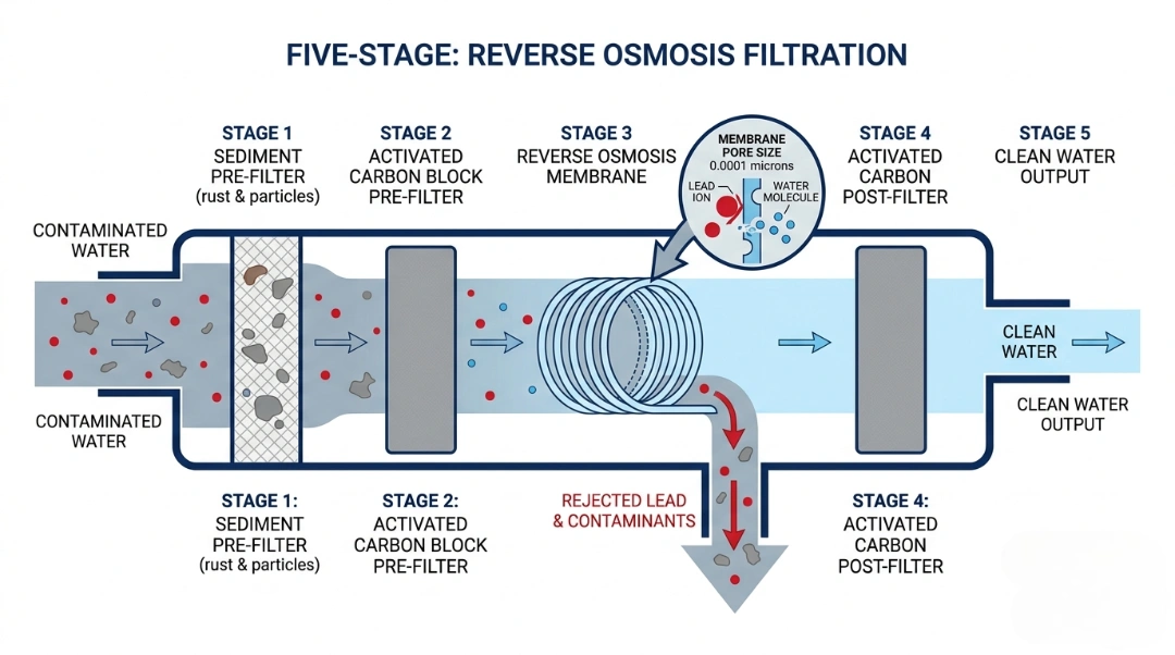 A technical diagram showing the five stages of a Reverse Osmosis system. It highlights Stage 3, where a semi-permeable membrane with $0.0001$ micron pores blocks large lead ions while allowing small water molecules to pass through to the clean water output.