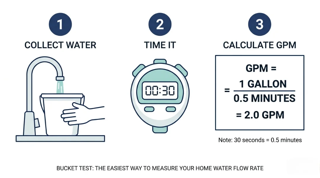 An instructional 3-step graphic showing how to calculate GPM: 1. Collect water in a bucket, 2. Time it with a stopwatch, and 3. Calculate GPM using the formula 1 gallon divided by 0.5 minutes equals 2.0 GPM.