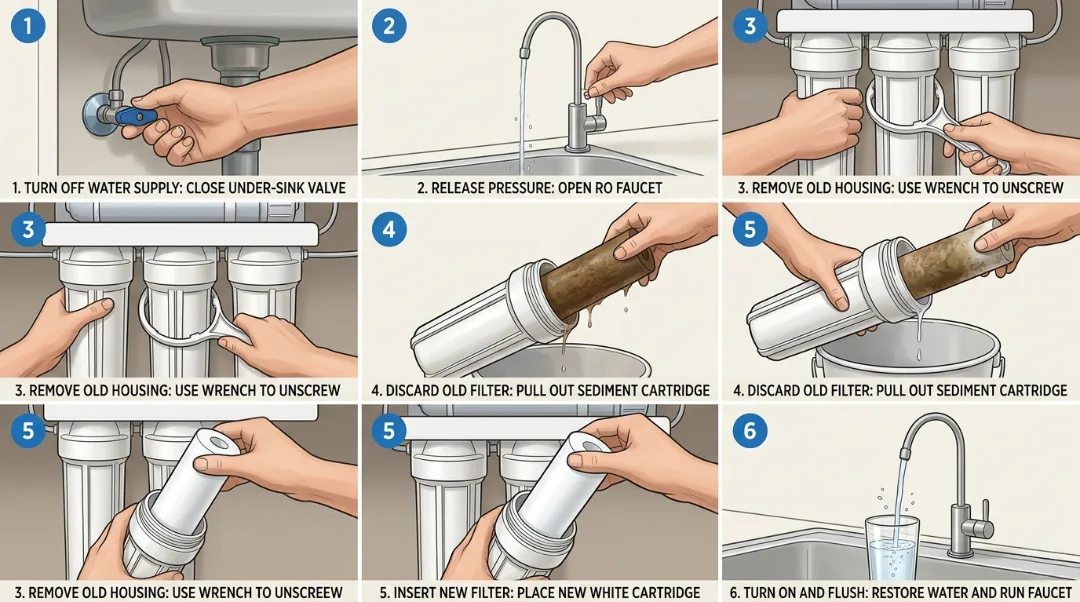 An eight-panel infographic illustrating the chronological process for changing a Reverse Osmosis (RO) water filtration system. It shows a hand turning off the water valve, opening the faucet, unscrewing the filter housing with a wrench, removing a dirty brown sediment filter, inserting a clean white filter, and flushing the system with fresh water.