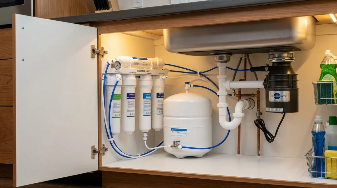 A professional multi-stage reverse osmosis water filtration system installed under a kitchen sink alongside a pressurized storage tank and garbage disposal.