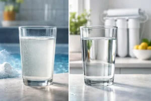 How to remove chlorine from tap water comparison showing cloudy vs clear filtered drinking water