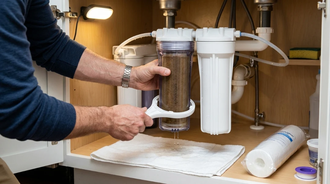 A close-up photograph under a kitchen sink shows a person's hands using a white spanner wrench to unscrew a clear filter housing. Inside the clear housing, a used, heavily discolored brown sediment filter is visible.