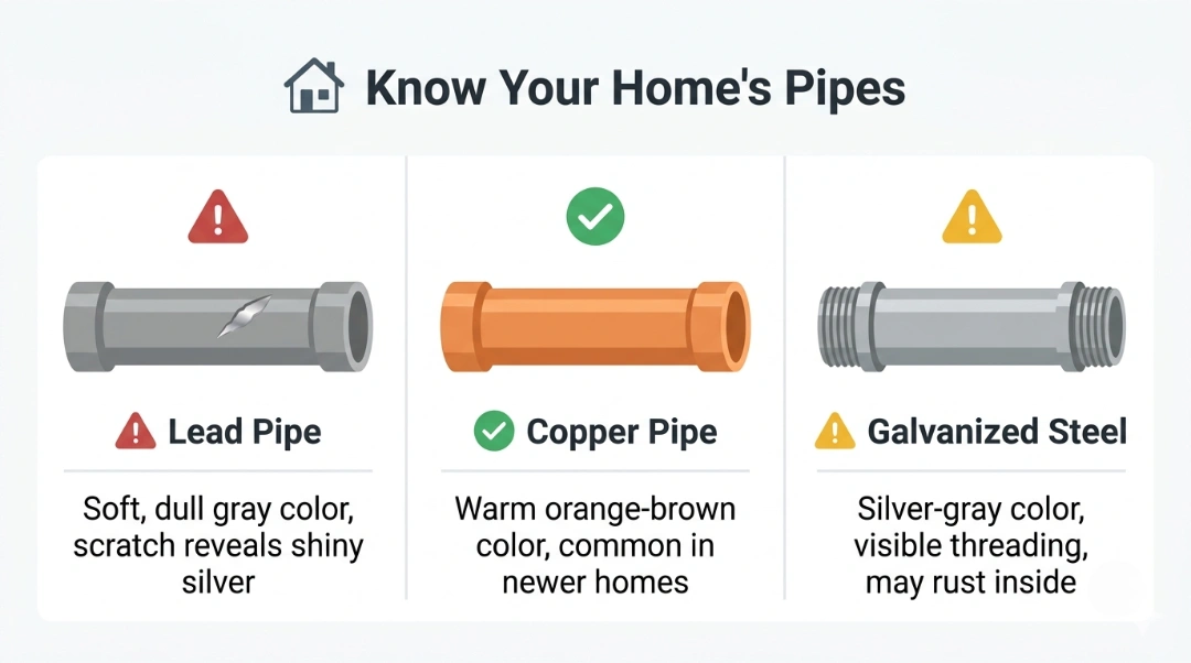 A comparison guide of three types of home water pipes: Lead Pipe (dull gray, shiny when scratched), Copper Pipe (orange-brown), and Galvanized Steel (silver-gray with threading).