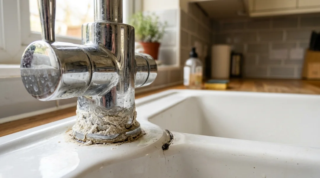 Close-up of a chrome kitchen faucet base heavily encrusted with white, chalky limescale and mineral deposits where the fixture meets a white ceramic sink.