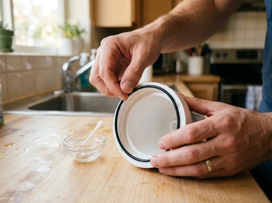 A close-up photograph of hands attempting to manually roll or pry a thin black O-ring seal onto the top rim of a white RO filter canister, indicating an incorrect method that may lead to failure. The correct lubrication tool is shown nearby.