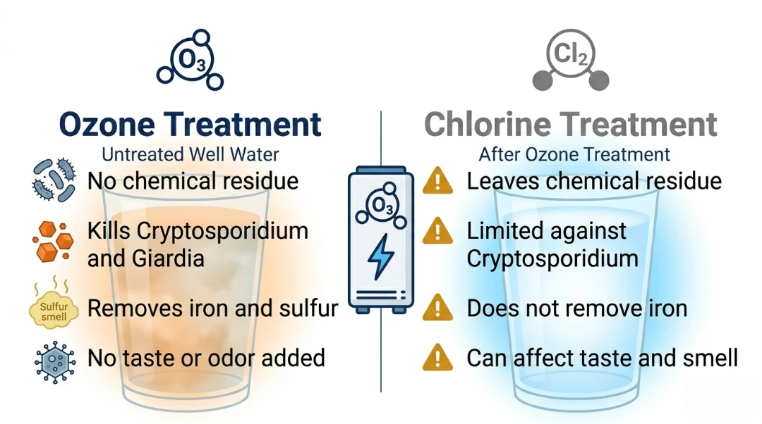 A comparison infographic between Ozone Treatment and Chlorine Treatment for well water, showing ozone's effectiveness in removing iron, sulfur, and parasites without leaving chemical residues.